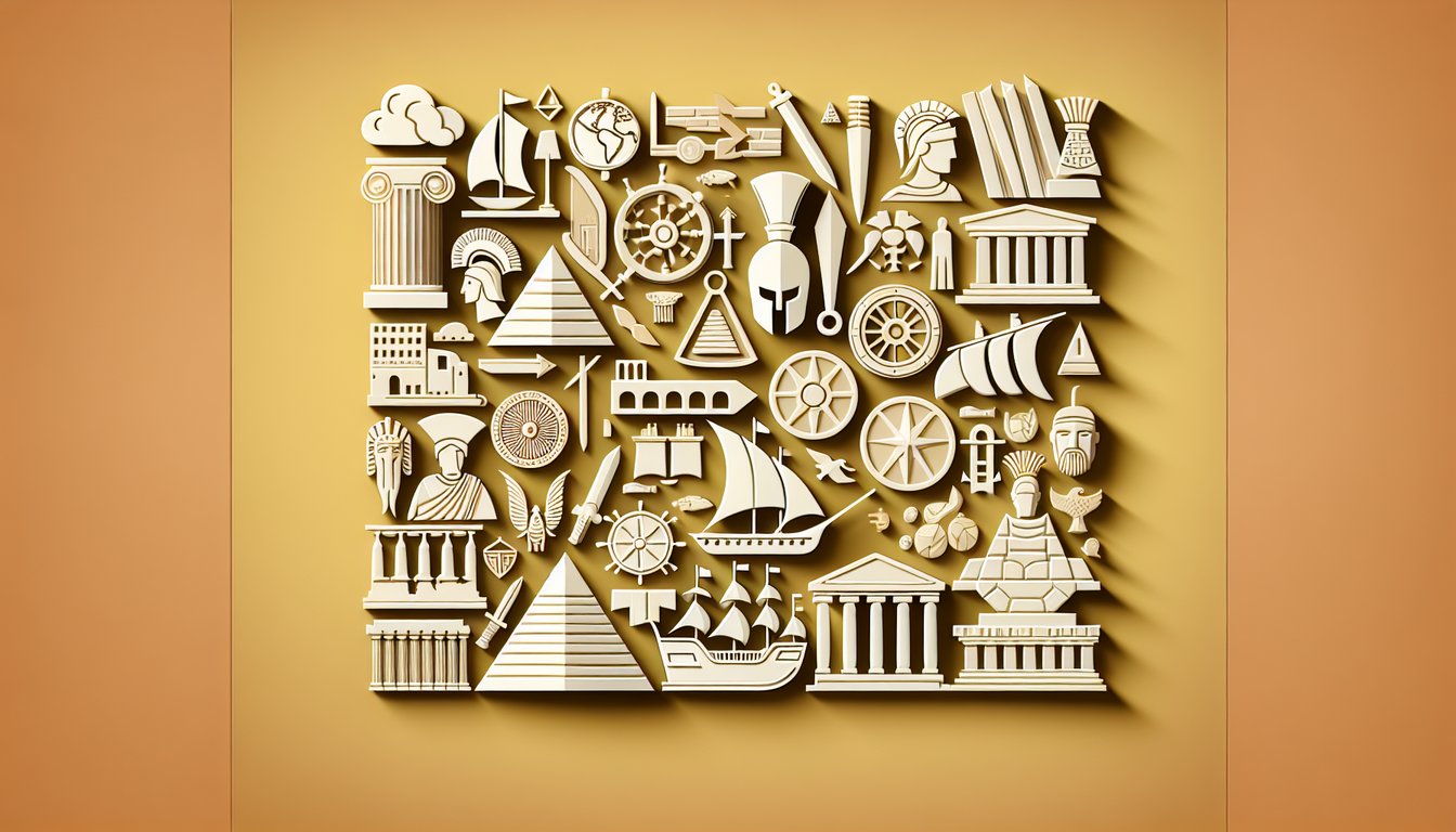 Paper cutout world map historical icons on golden yellow background global history quiz migrations civilizations