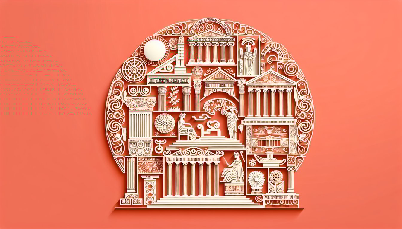 Paper art on coral backdrop featuring Greek temple columns, marble statue silhouettes, geometric meander patterns