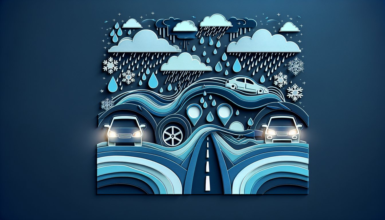 Paper-cut style car skidding on wet road under headlights rain dark blue background quiz banner