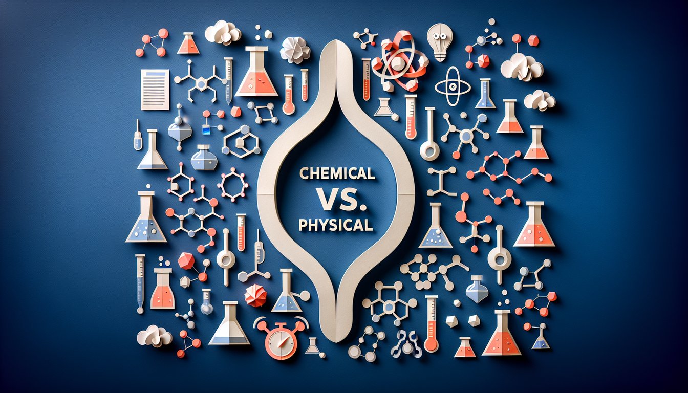 Colorful paper art promoting a trivia quiz on chemical vs physical changes for high school students.