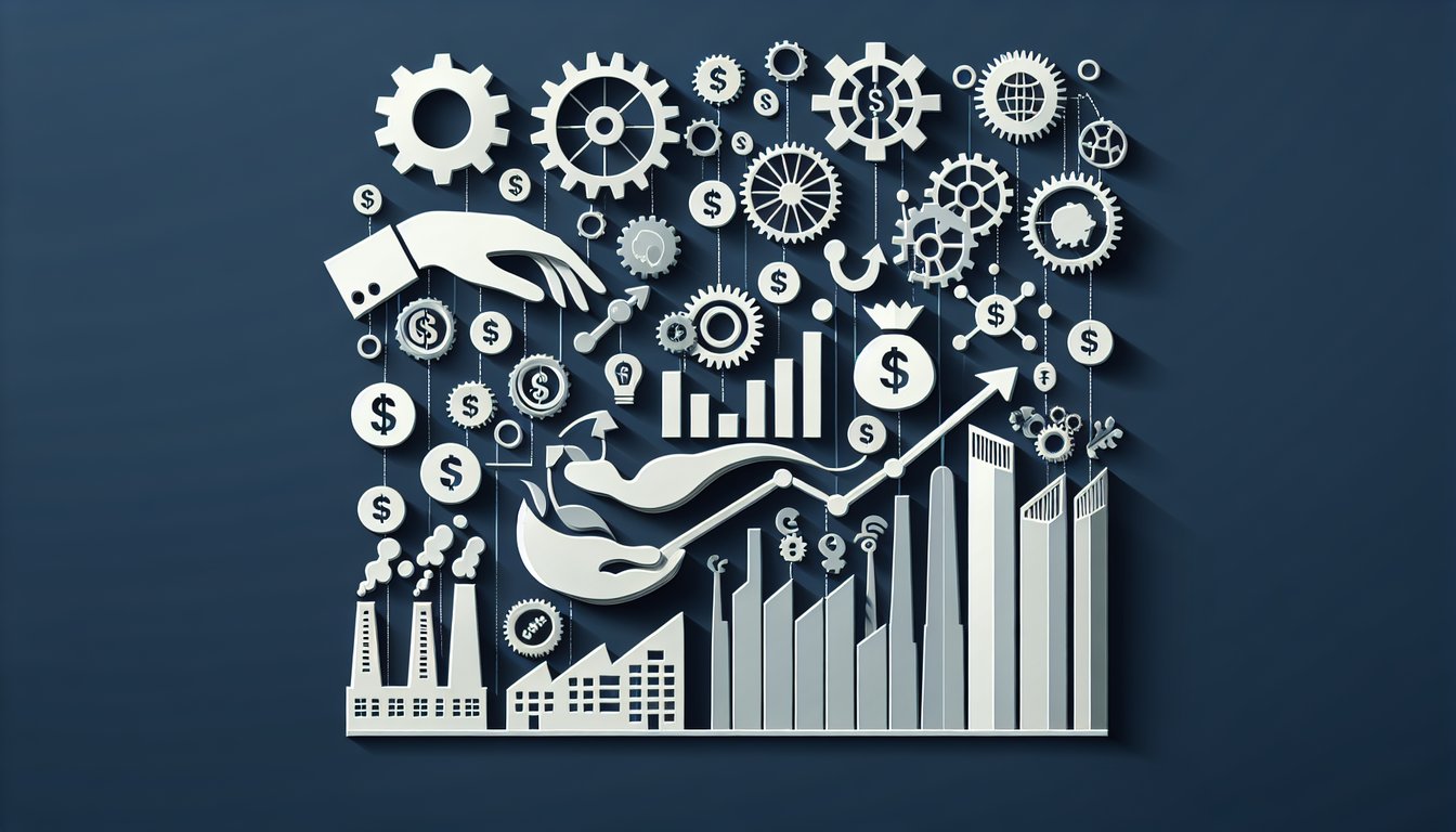 Paper art illustration showing GDP quiz elements with coins charts government building growth arrows on dark blue background