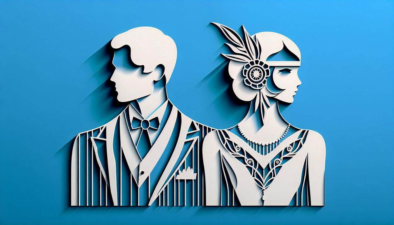Paper art illustration featuring Gatsbys mystery and Daisys charm for personality quiz on sky blue background.