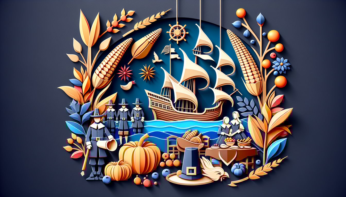 Paper art quiz illustration on Pilgrim trivia, Mayflower facts and Thanksgiving traditions on dark blue background.
