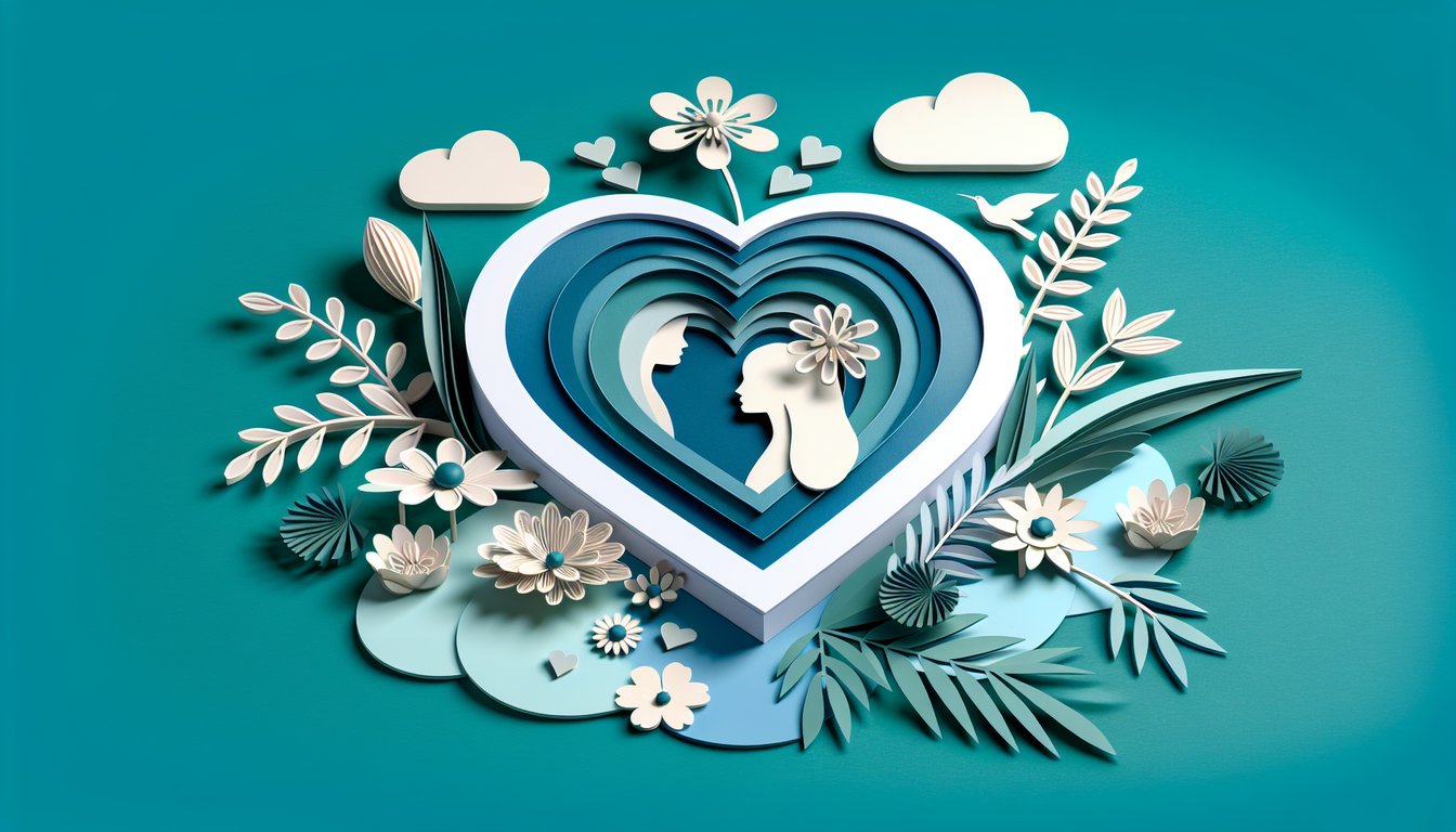Paper art illustration for Am I in Love With Her quiz on a teal background