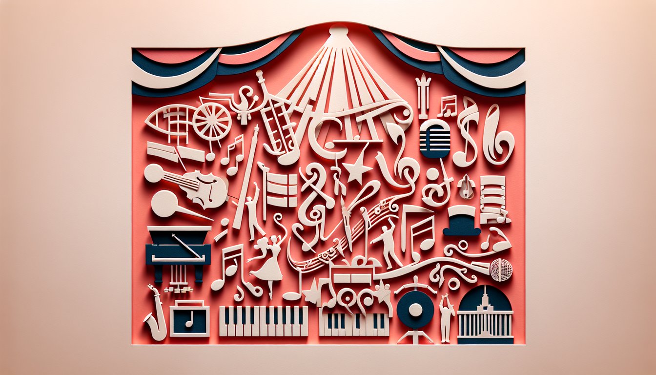 Paper art illustration for Guess the Musical quiz on a coral background