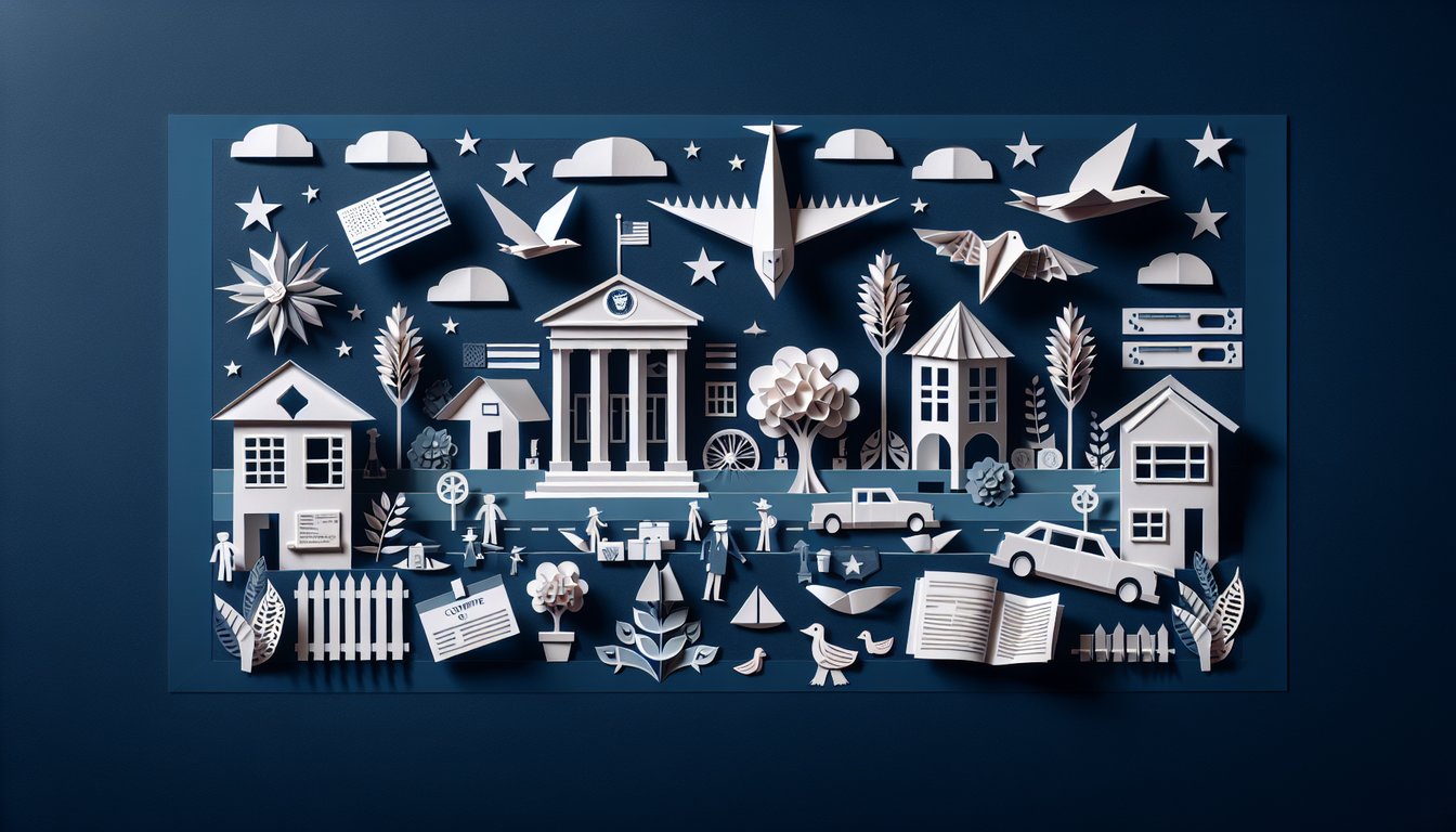 Colorful paper art depicting elements related to US Naturalization Civics Practice Quiz.
