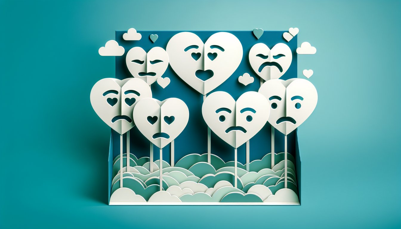 Paper art illustration for a quiz decoding a mans feelings on a teal background