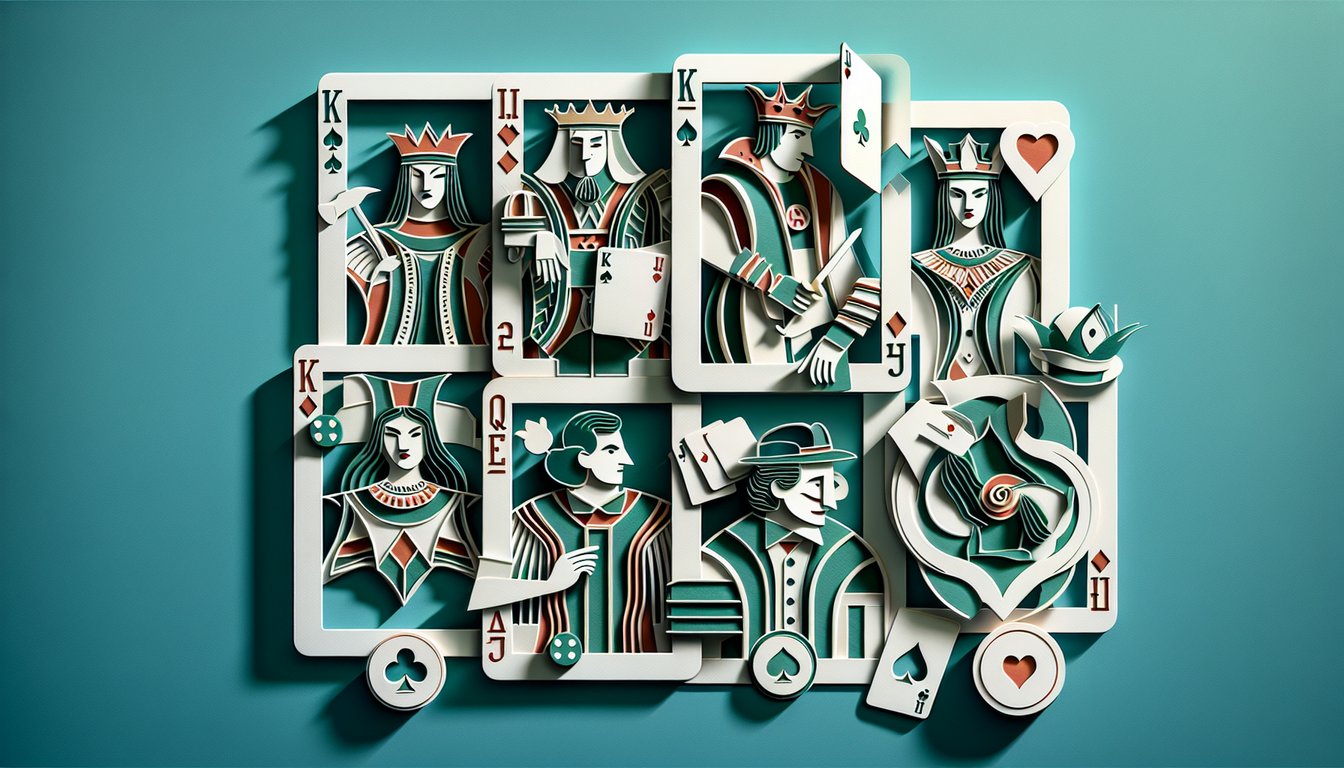 Paper art illustration of playing card figures King Queen Joker and others on teal background promoting persona quiz