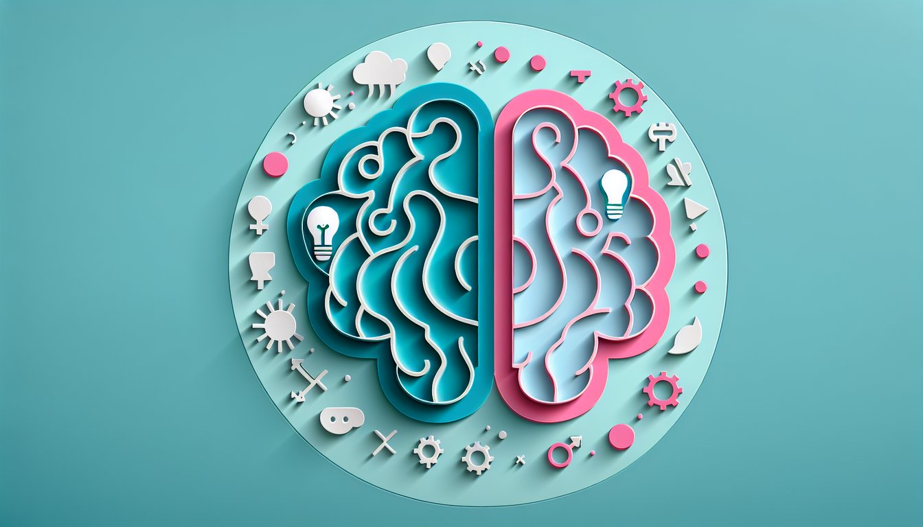 Paper art style blue and pink brain halves on teal background for free quiz revealing male or female thinking style
