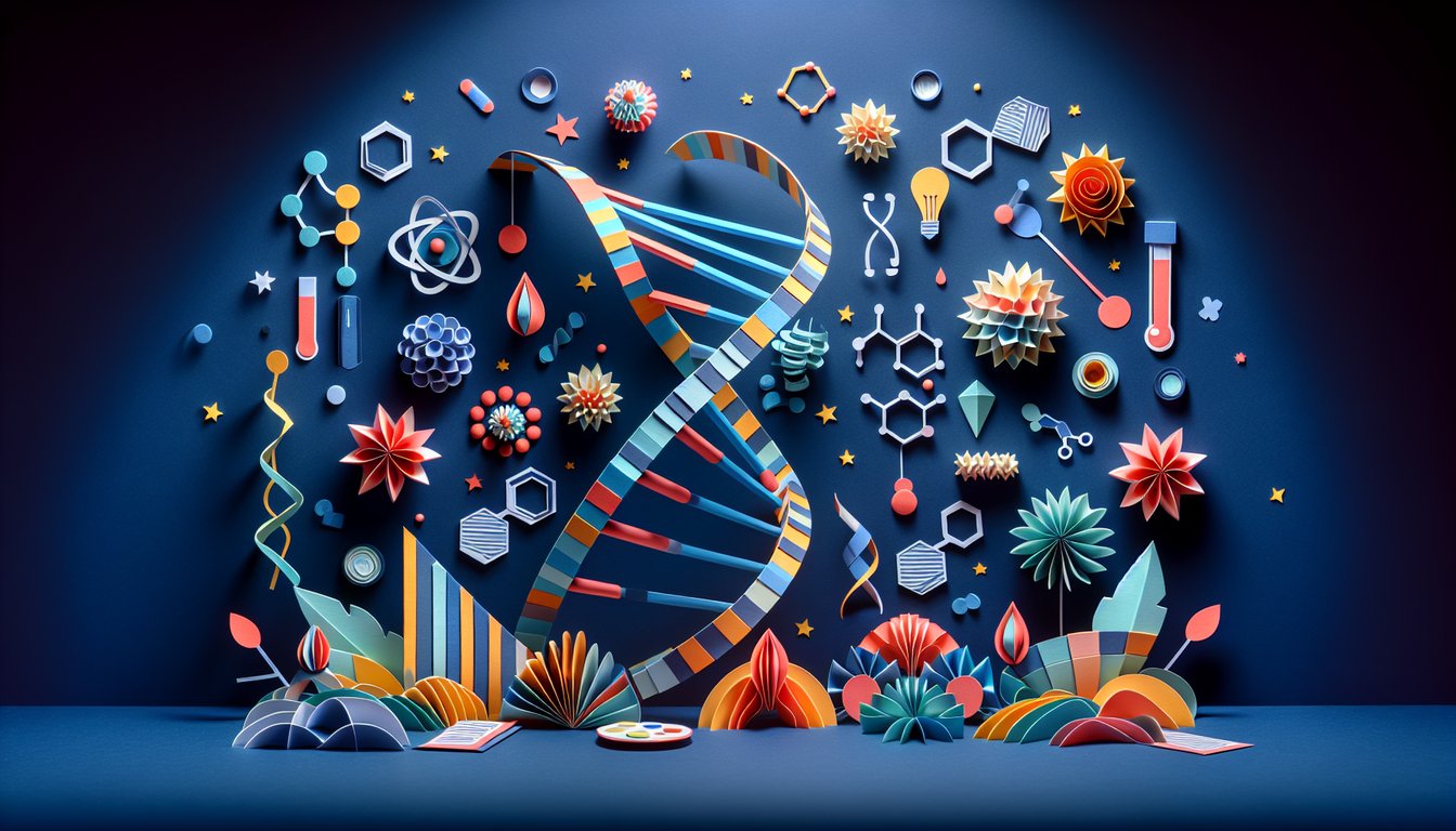 Colorful paper art promoting DNA Demystified, a high school biology trivia quiz.