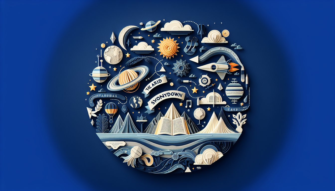 Paper art depicting a trivia quiz on synonyms for the term arid aimed at middle school students.