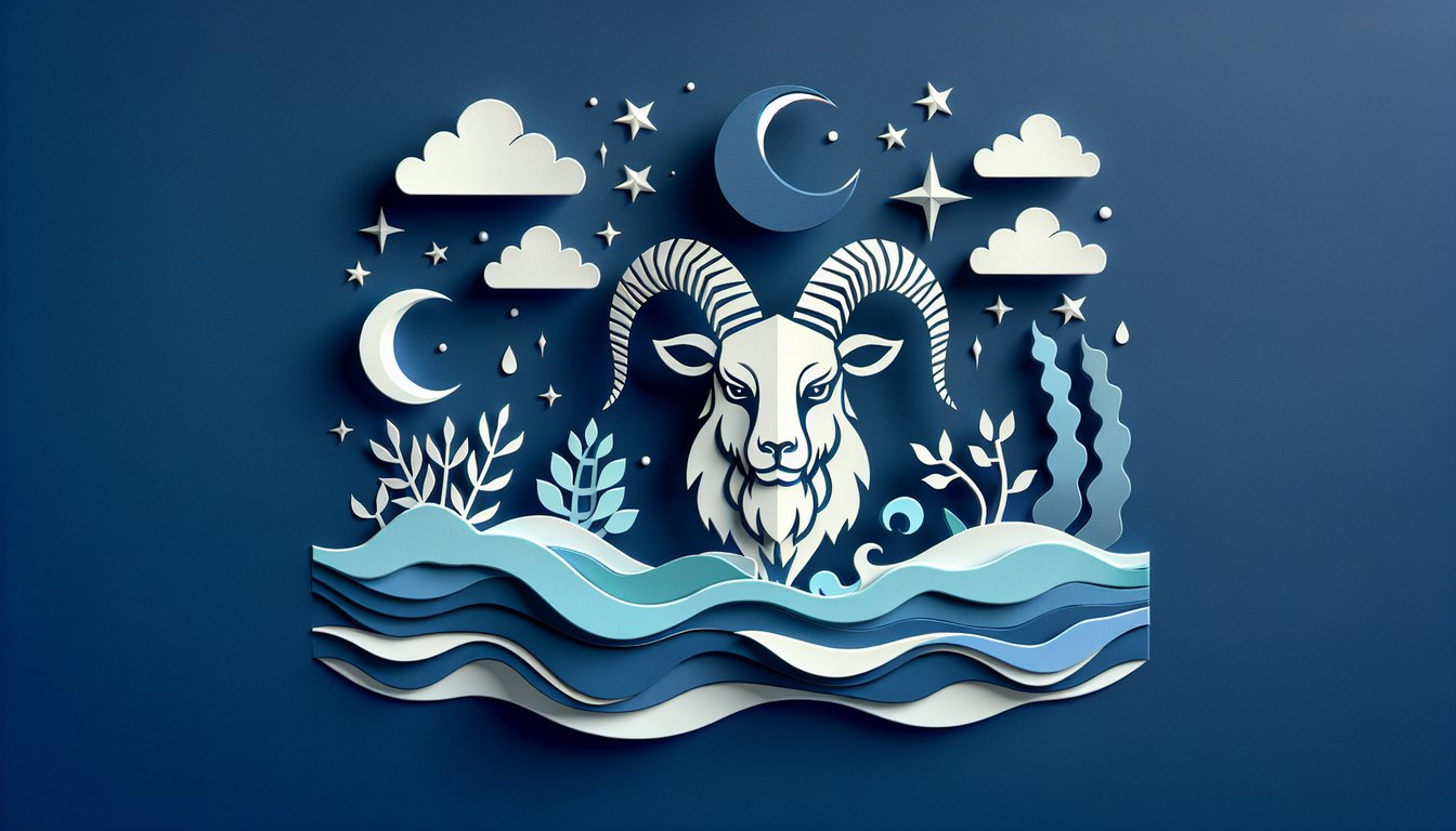 Paper art Capricorn goat symbol with quiz title about hardworking zodiac traits on dark blue background