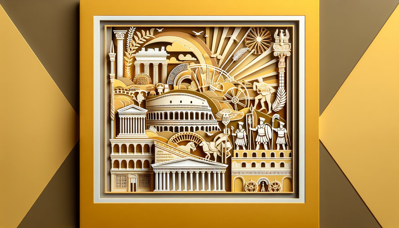 Paper art collage of roman columns helmet laurel wreath and scroll on golden yellow background for ancient rome quiz