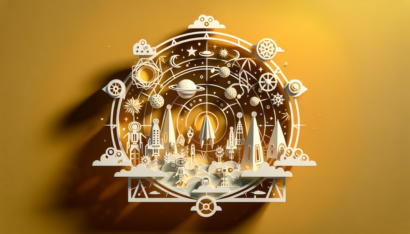 Paper art illustration showing Mandalorian clan helmets and symbols on golden yellow background for free quiz