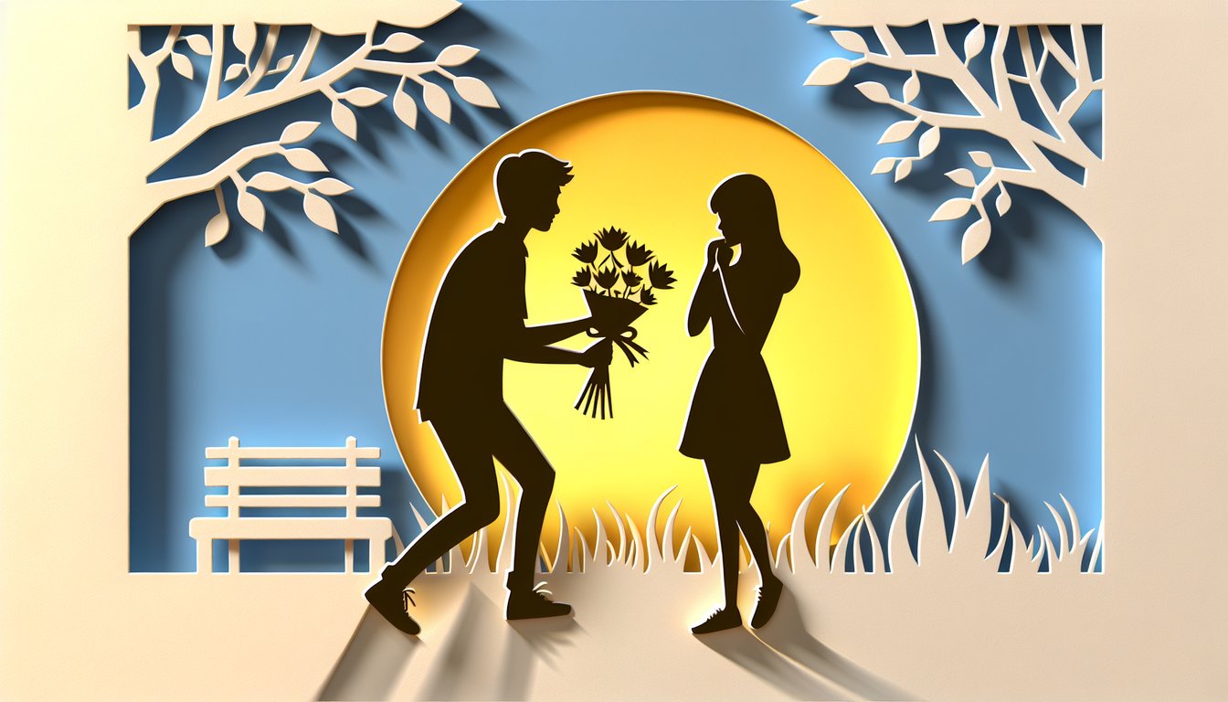 paper art illustration of two friends, hearts, speech bubbles and quiz prompt on golden yellow background