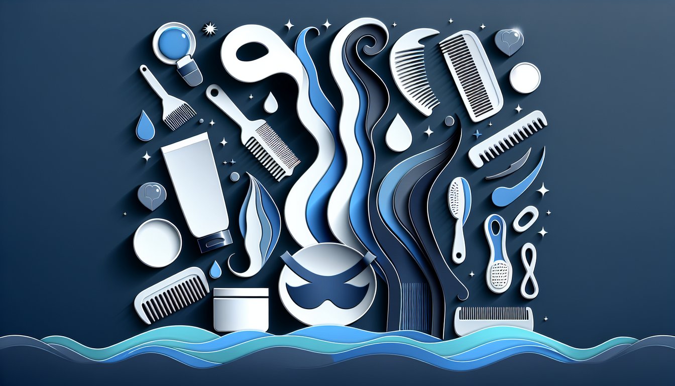 Paper cut hair care items and question mark with quiz prompt on dark blue background