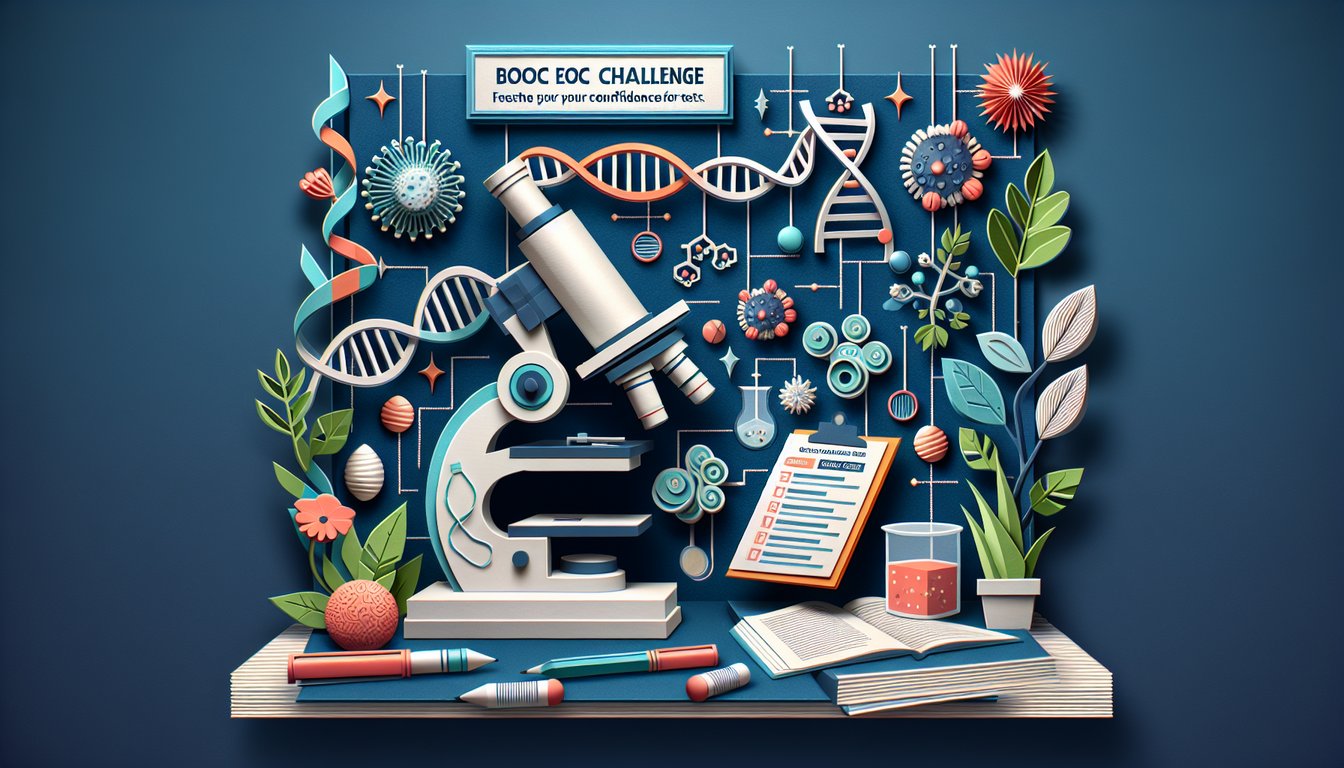 Colorful paper art promoting the SC Biology EOC Challenge quiz for high school students.