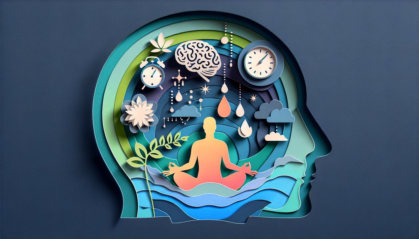 Paper art illustration for stress level quiz with personalized tips for calmer life on dark blue background