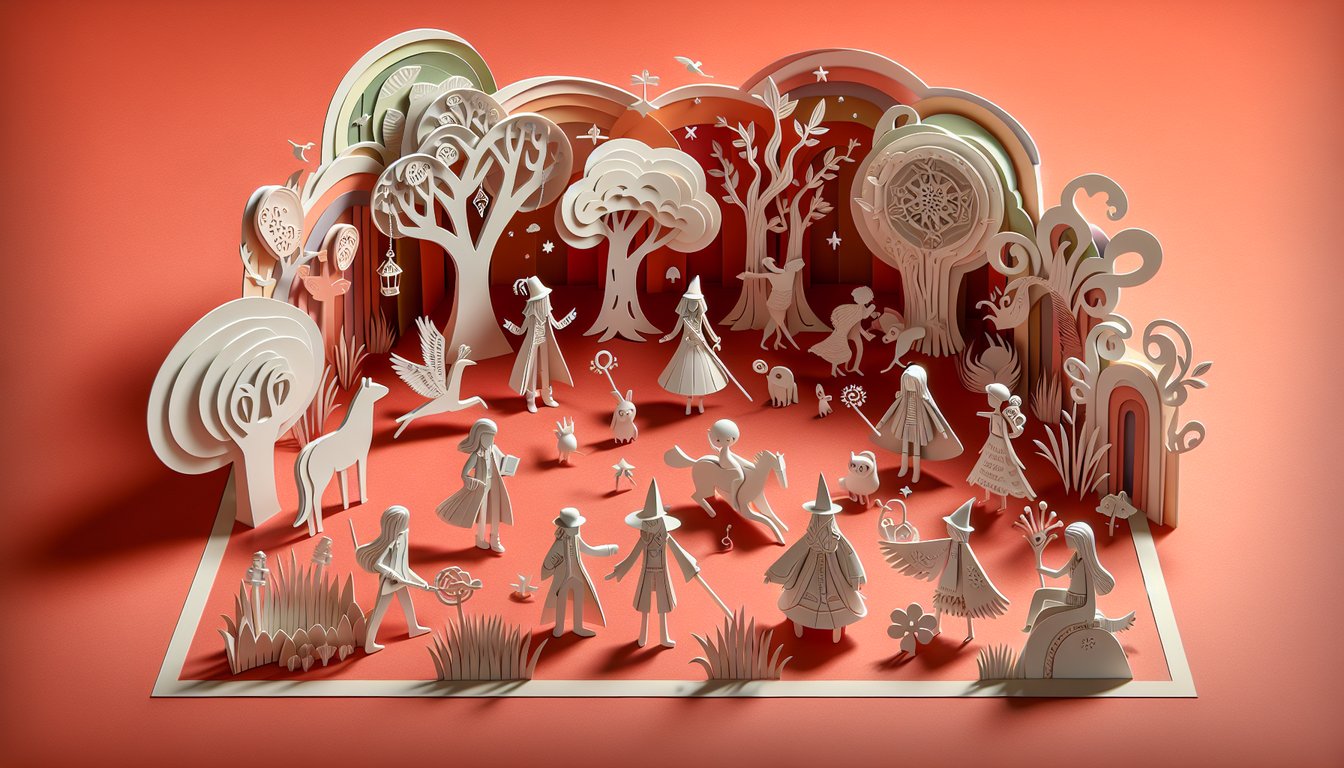 Paper art illustration for Coraline character personality quiz on coral background