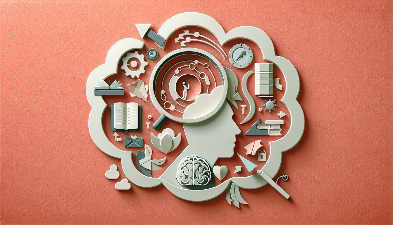 Paper art illustration showing floating prefix cards fore pre post quiz challenge on coral background