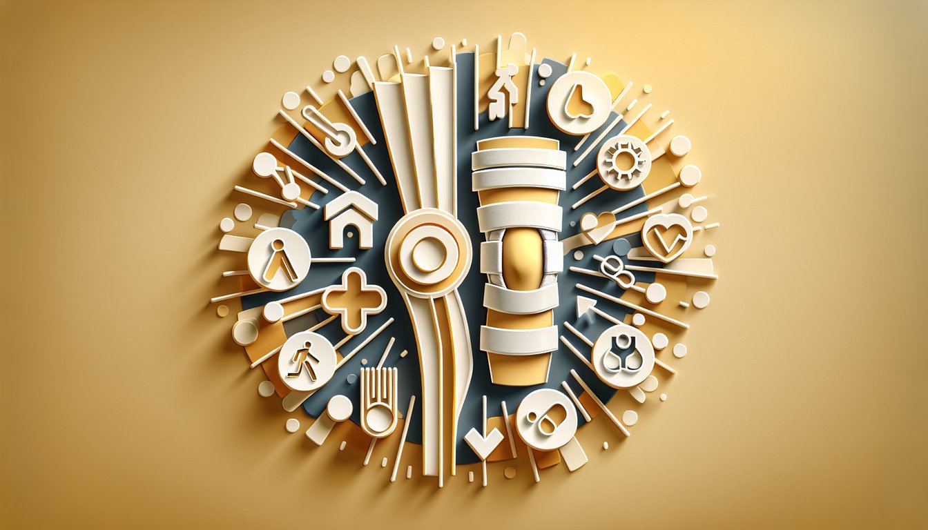 Paper art illustration for knee brace quiz assessing discomfort, stability, injury risk on golden yellow background