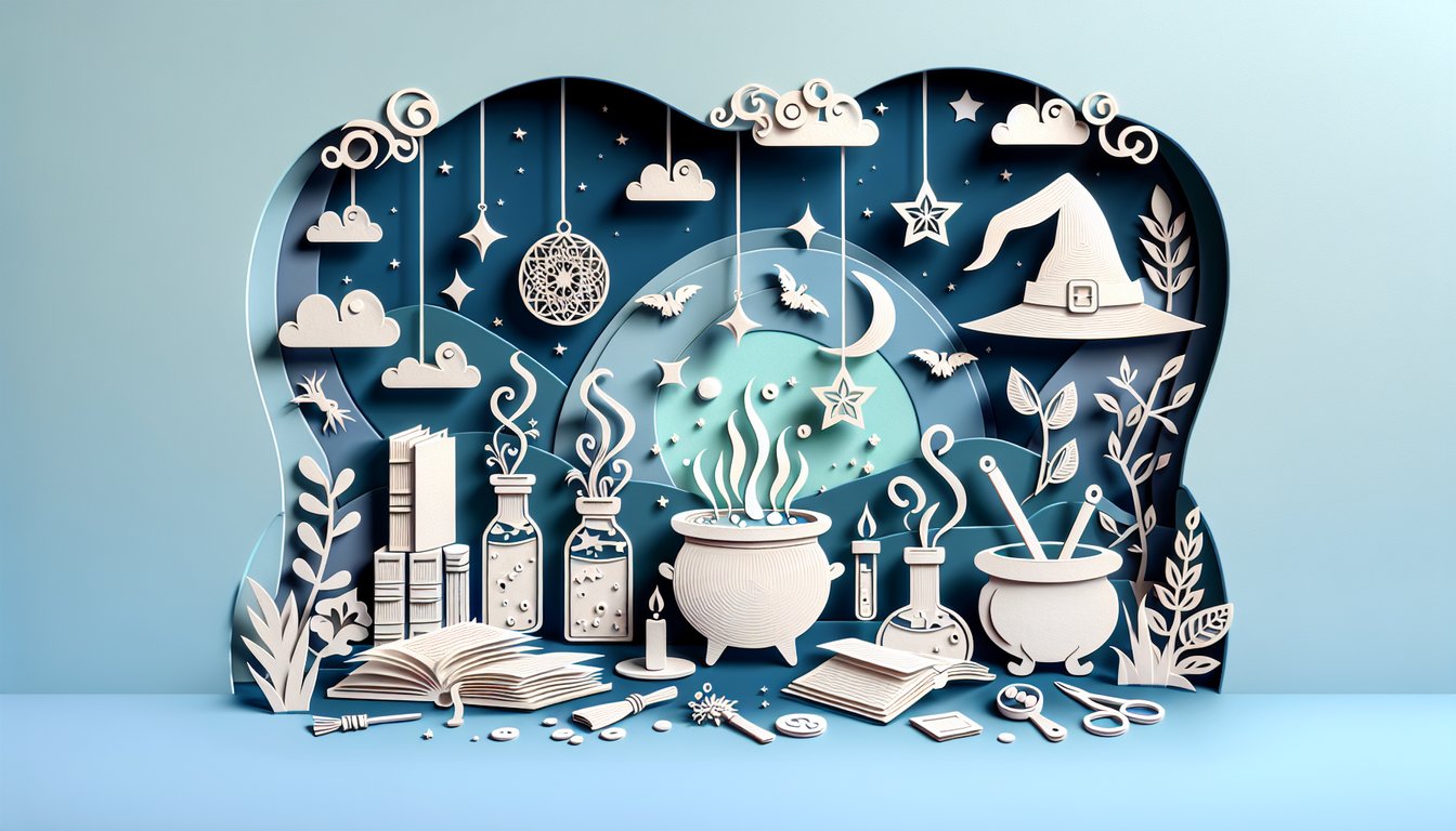 Paper art illustration for witch energy quiz on a sky blue background
