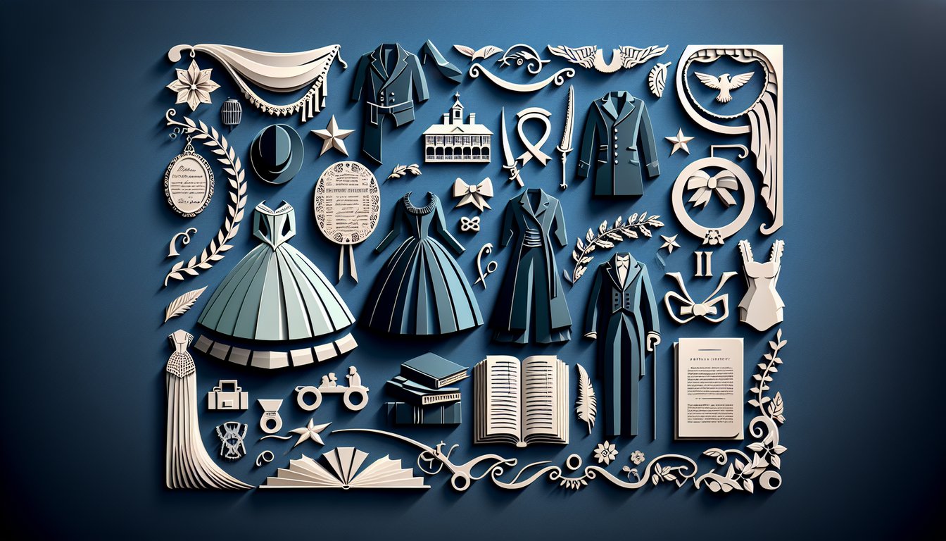 Paper art illustration for Gone with the Wind quiz featuring Scarlett Rhett Ashley silhouettes on dark blue background.