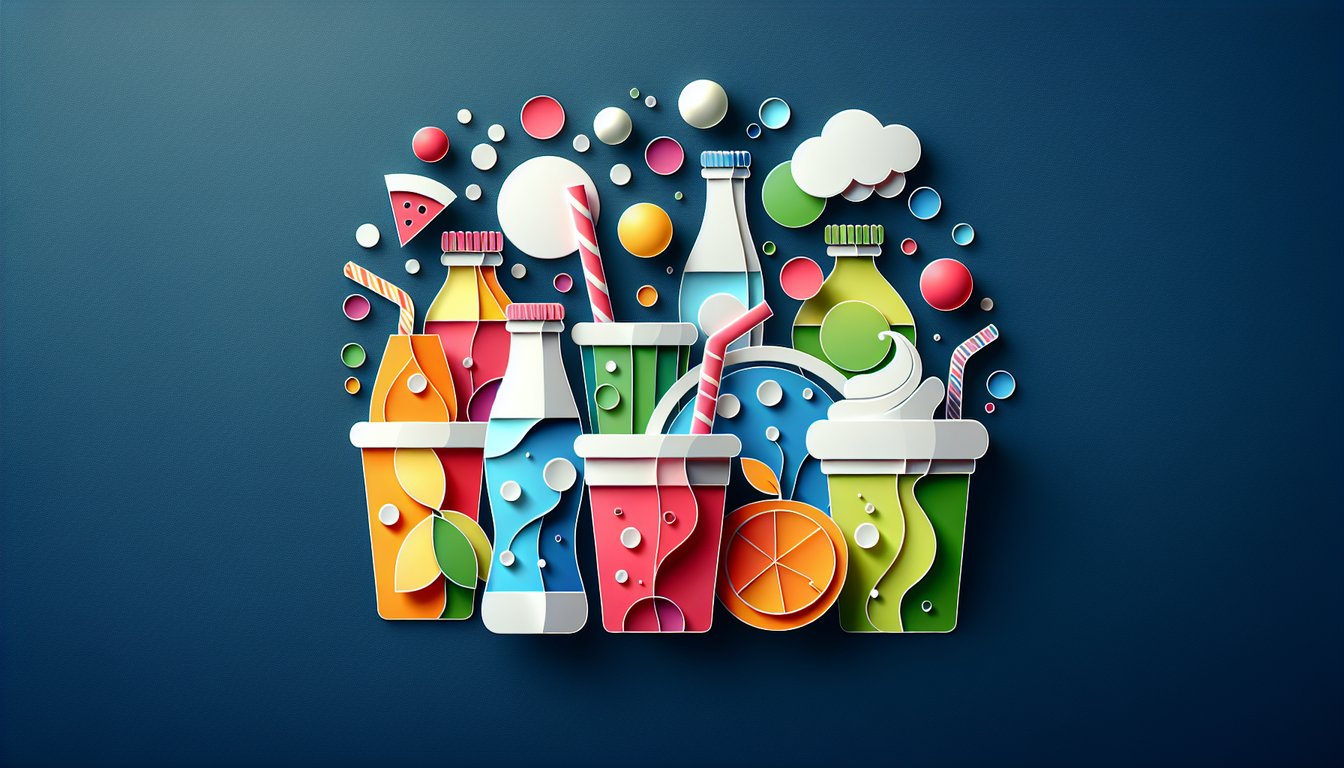 Paper art illustration with colorful soda bottles, smoothie cups, and juice boxes on dark blue background