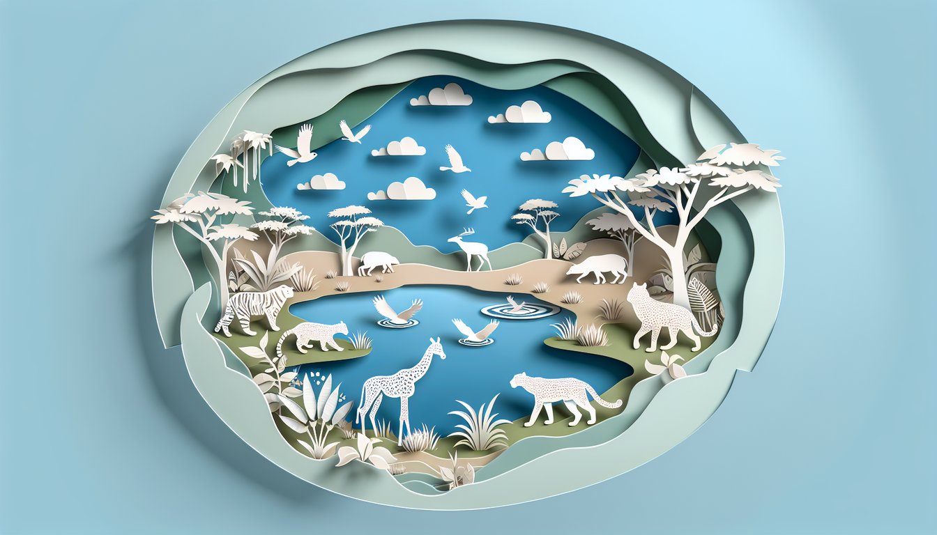 Paper art illustration featuring stylized predator and prey animals on sky blue background