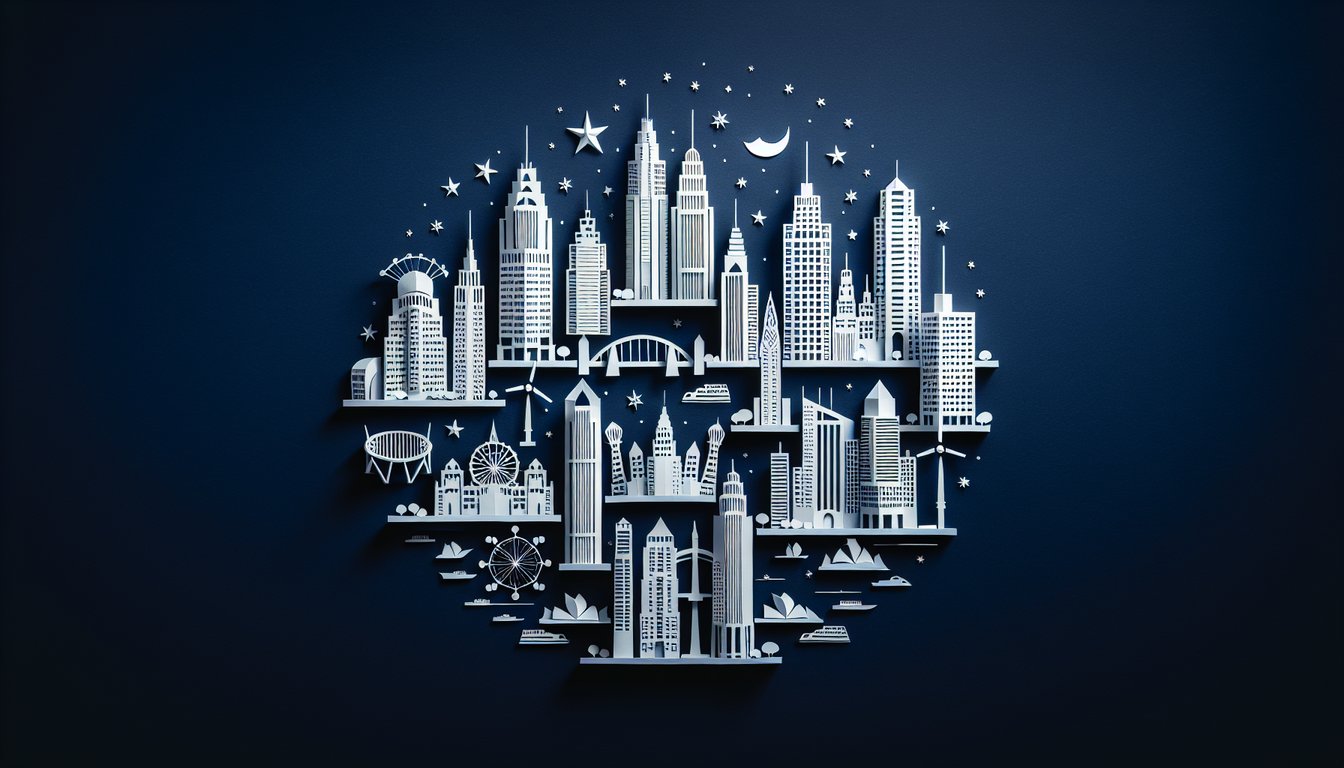 Colorful paper art depicting various city skylines for a trivia quiz
