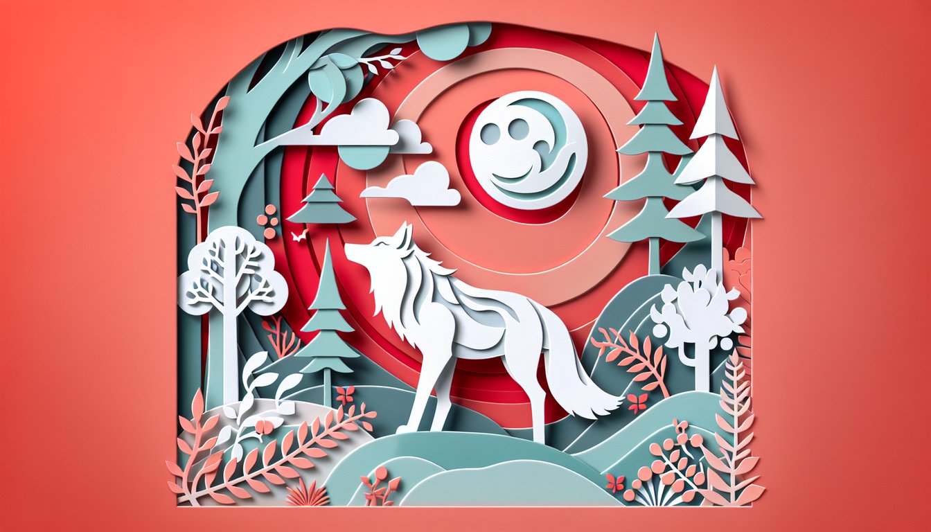 Layered paper wolf silhouette on coral background with quiz text prompting uncover inner lone wolf personality test