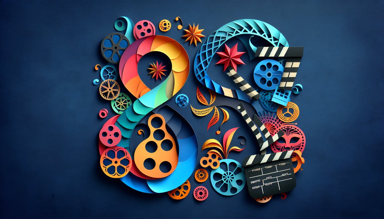 Colorful paper art promoting a Number 8 Movie Trivia Quiz.
