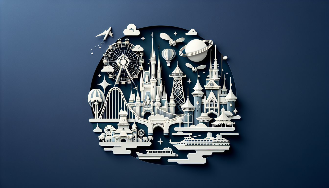 Paper art illustration of Tokyo Disneyland quiz on dark blue background featuring rides secrets trivia challenge