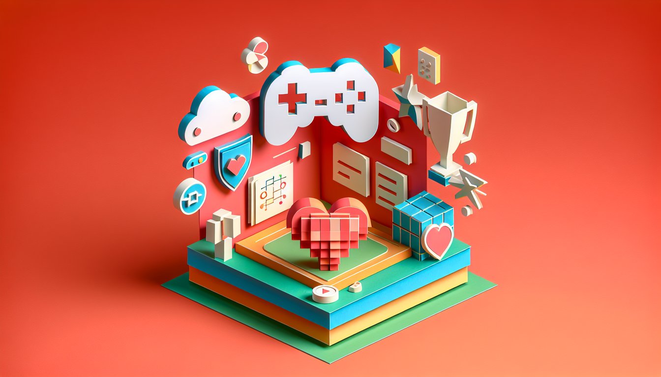 Paper art style joystick controller and speech bubbles on coral background for video game quote quiz
