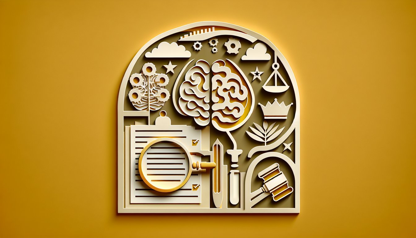 Paper art scales and brain on golden yellow background for forensic psychology competency evaluation and mental status exam quiz