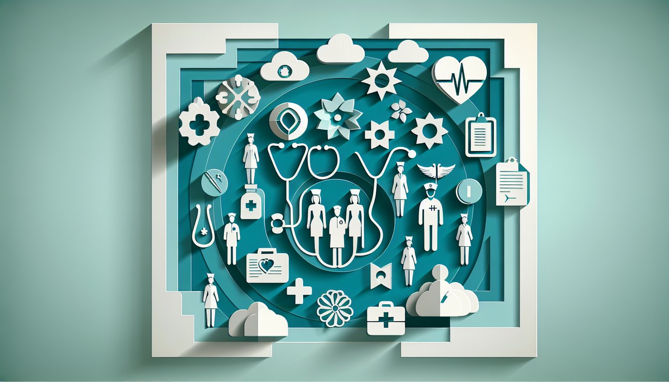 Paper art illustration with stethoscope clipboard nurse hat chart and quiz prompt on teal background.