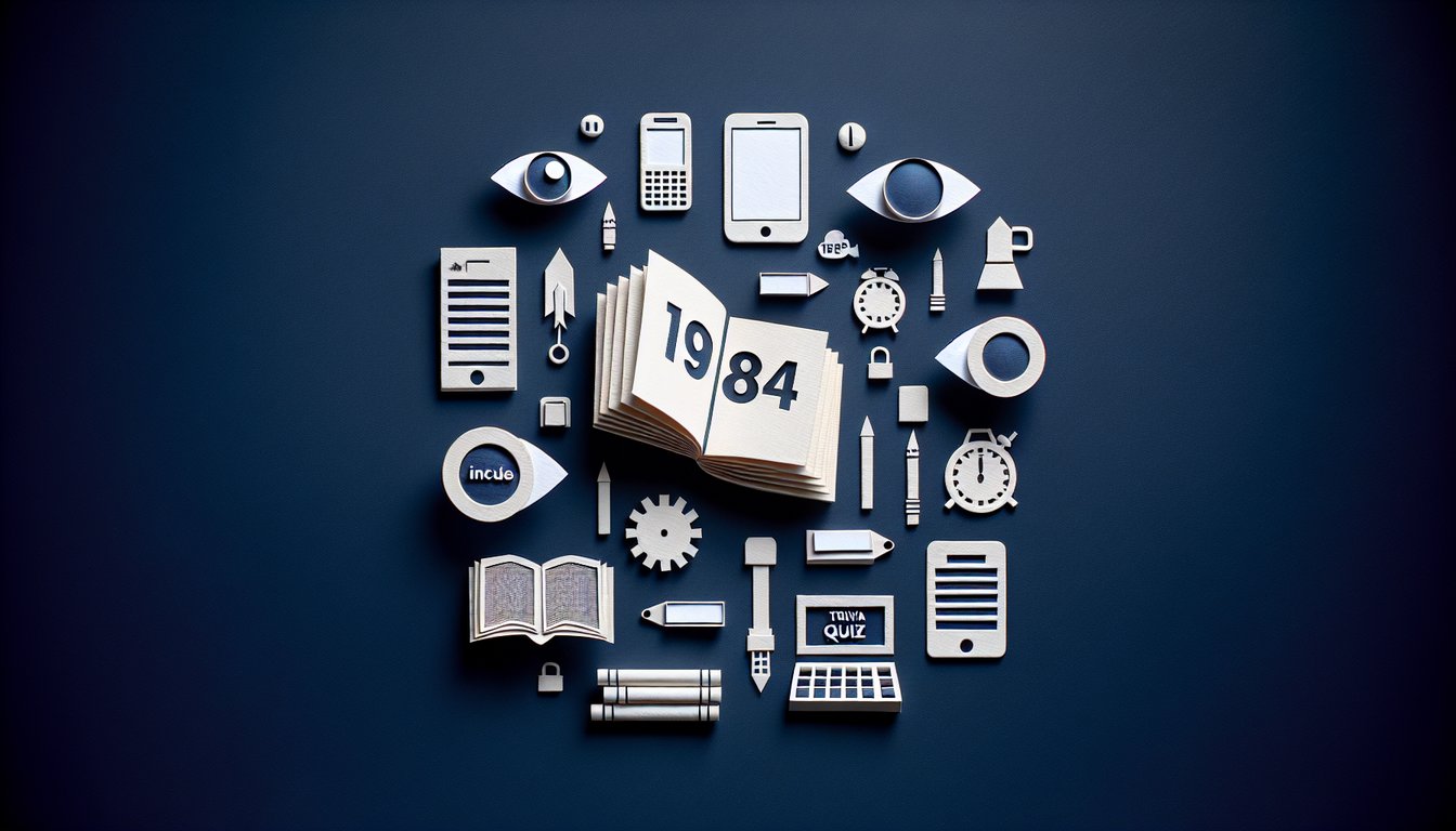 Colorful paper art promoting 1984 Novel Comprehension Quiz.