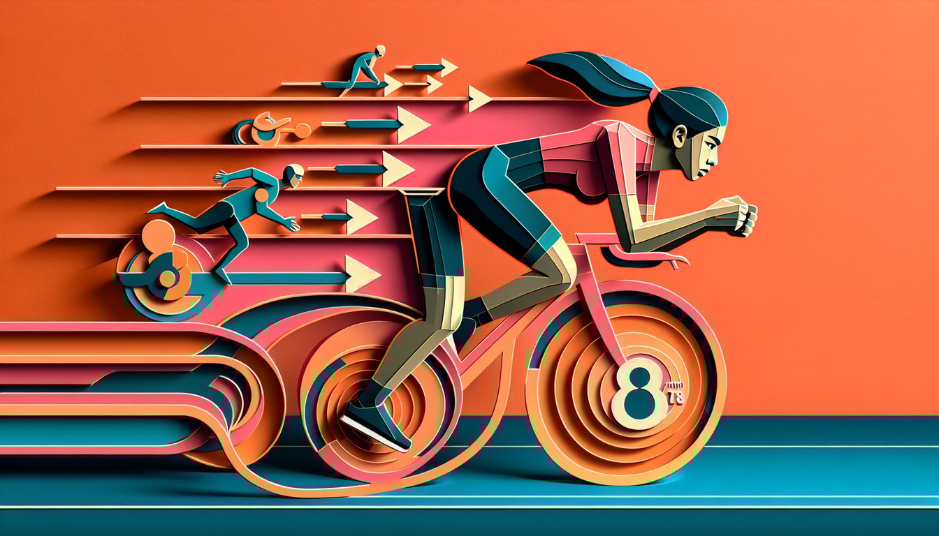 Paper art cyclist pedaling on coral background with speed labels 0 to 8 m s for acceleration quiz