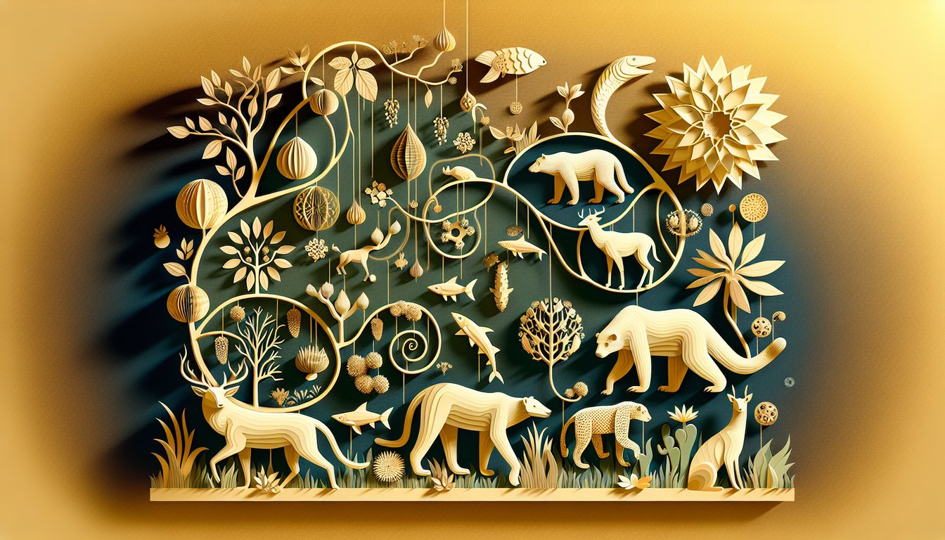 Paper cut style plants animals connected by lines and arrows showing food web interdependence on golden yellow background