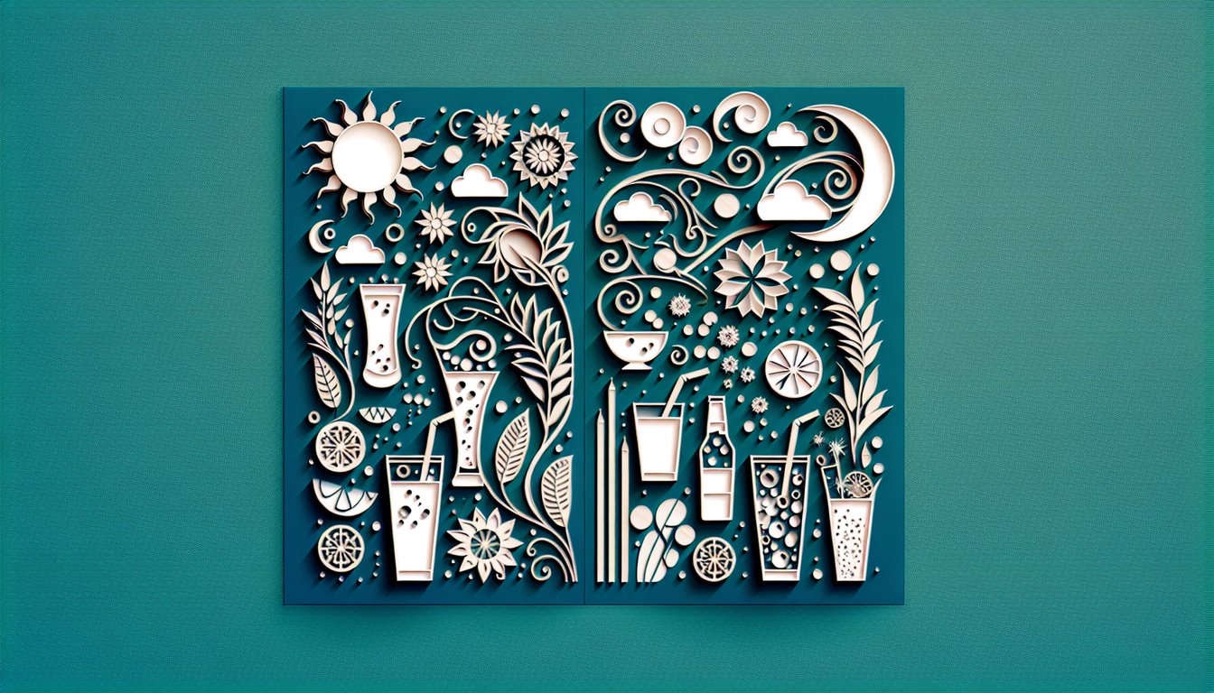 Paper art quiz illustration on teal background asking What Drink Am I, suggesting coffee, tea, or juice options.