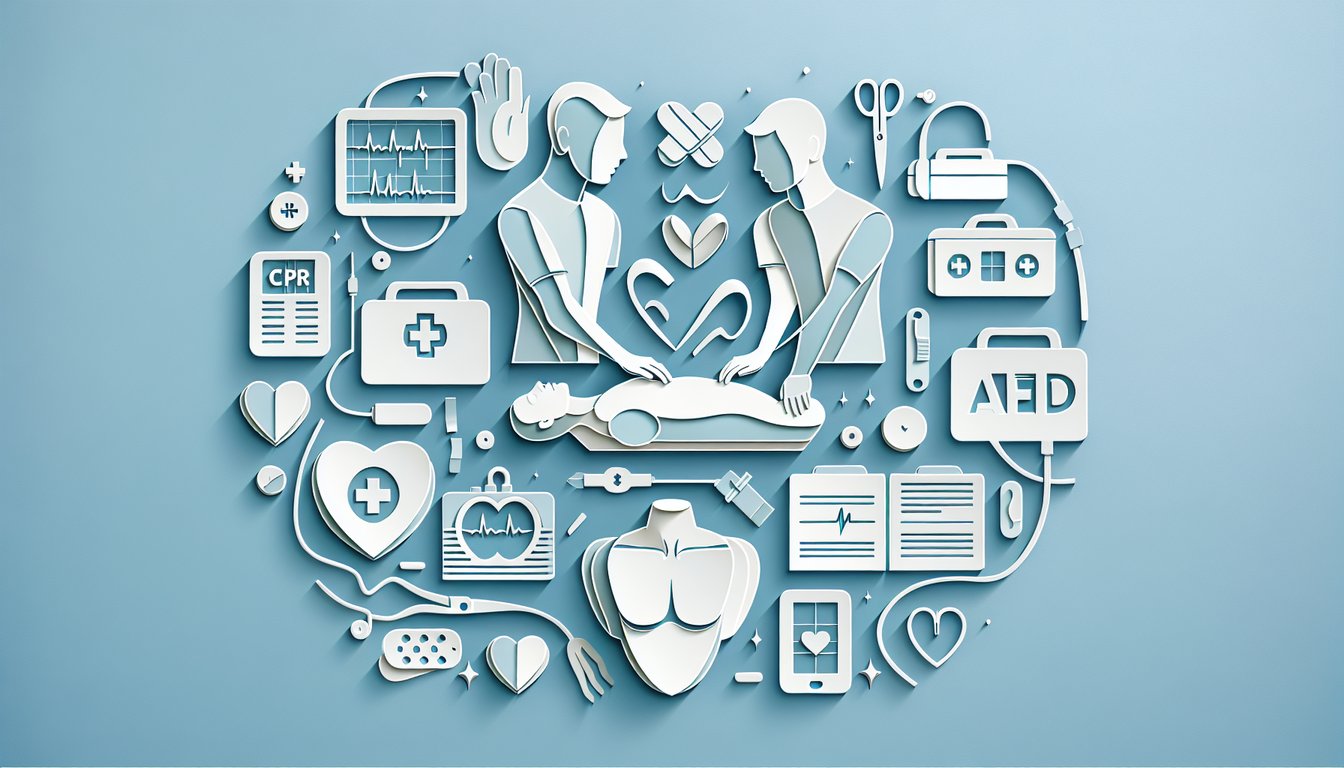 Paper art heart AED pads icon question mark on sky blue background for CPR AED practice quiz.