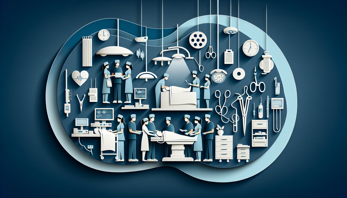 Paper art surgical instruments nurse icons on dark blue background promoting perioperative nursing quiz