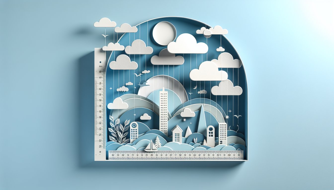 Paper art with ruler and measuring tape on sky blue background evokes math quiz on height conversion inches to centimeters