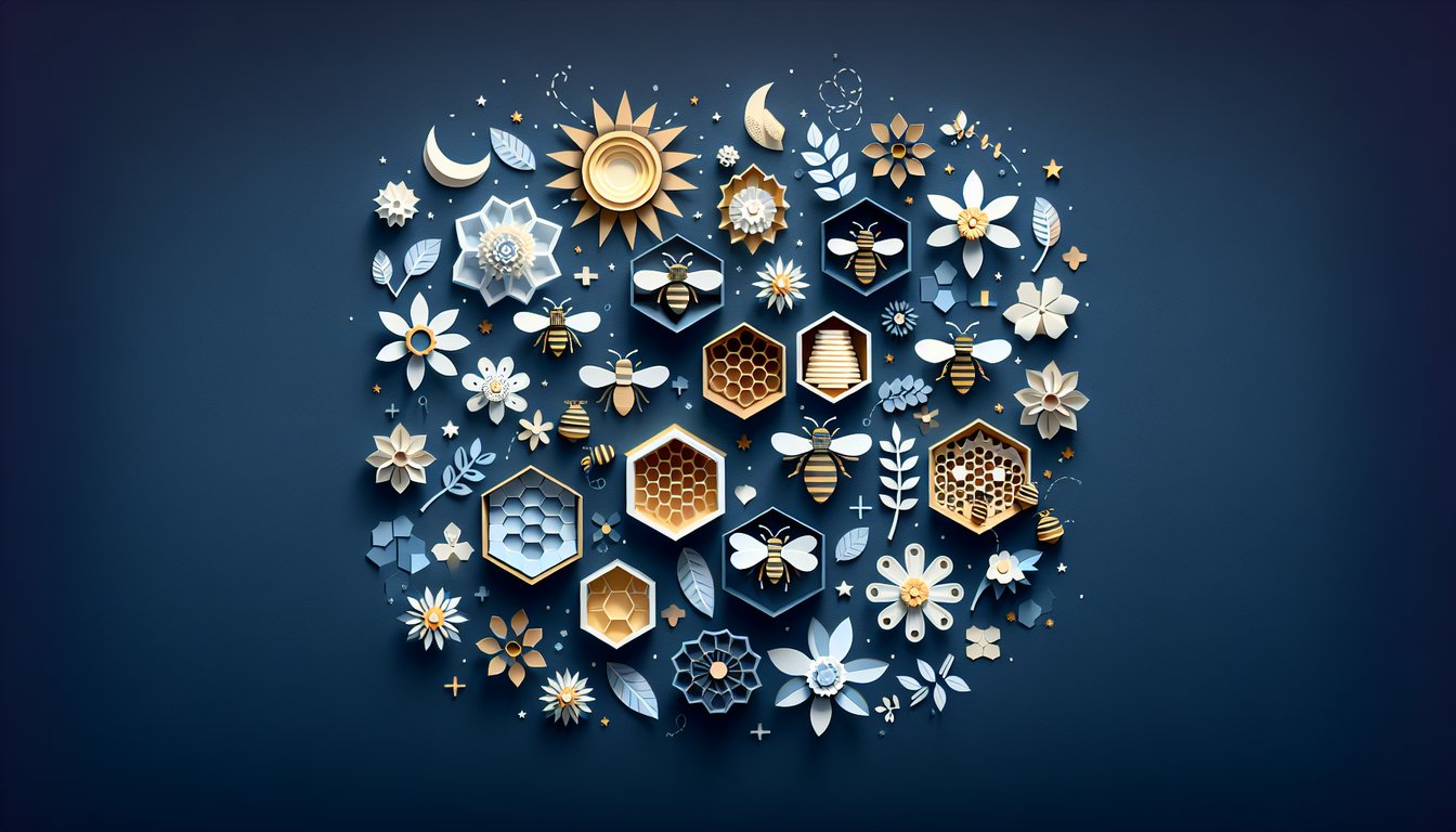 Colorful paper art displaying bees, honeycombs, and flowers for a Beekeeping Knowledge Quiz.