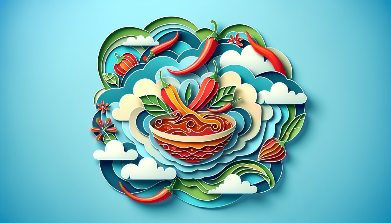 Paper art quiz illustration with chili trivia on a sky blue background