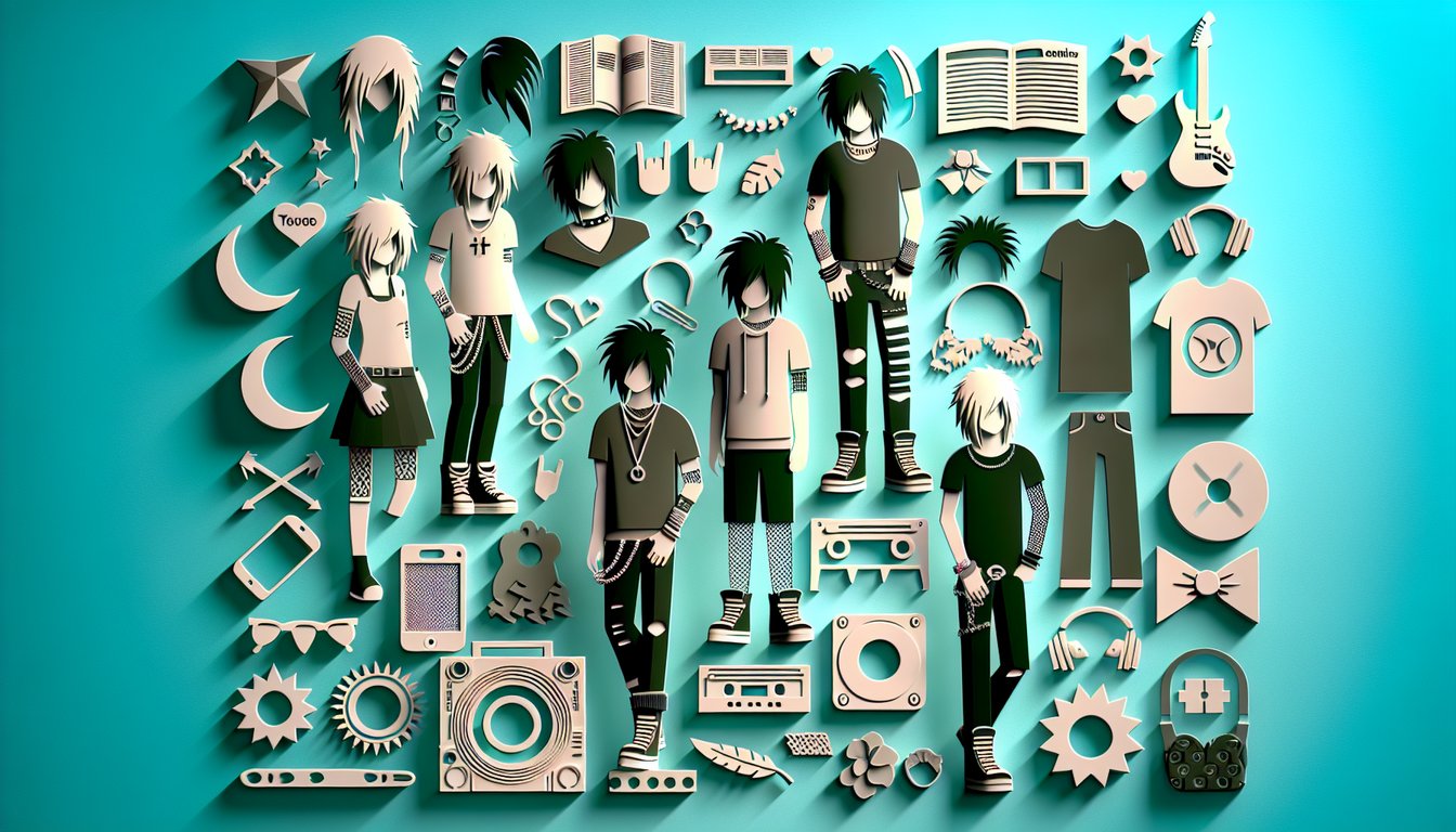 Paper art illustration of emo accessories and icons on teal background for a free emo personality quiz.