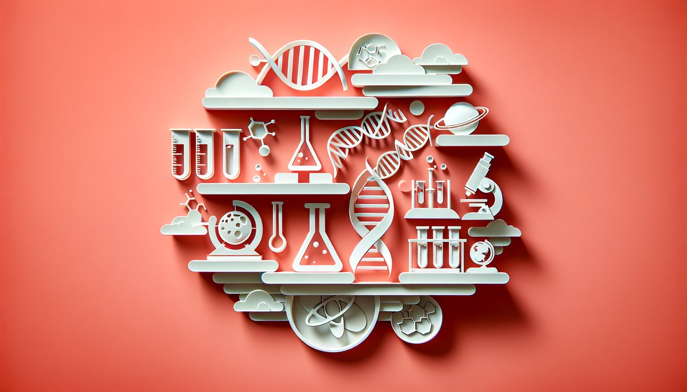 Paper art style lab equipment test tubes beakers molecules on coral background for science fair quiz