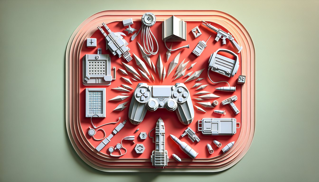 Paper art illustration with game controller crosshair bullets and target for FPS trivia quiz on coral background