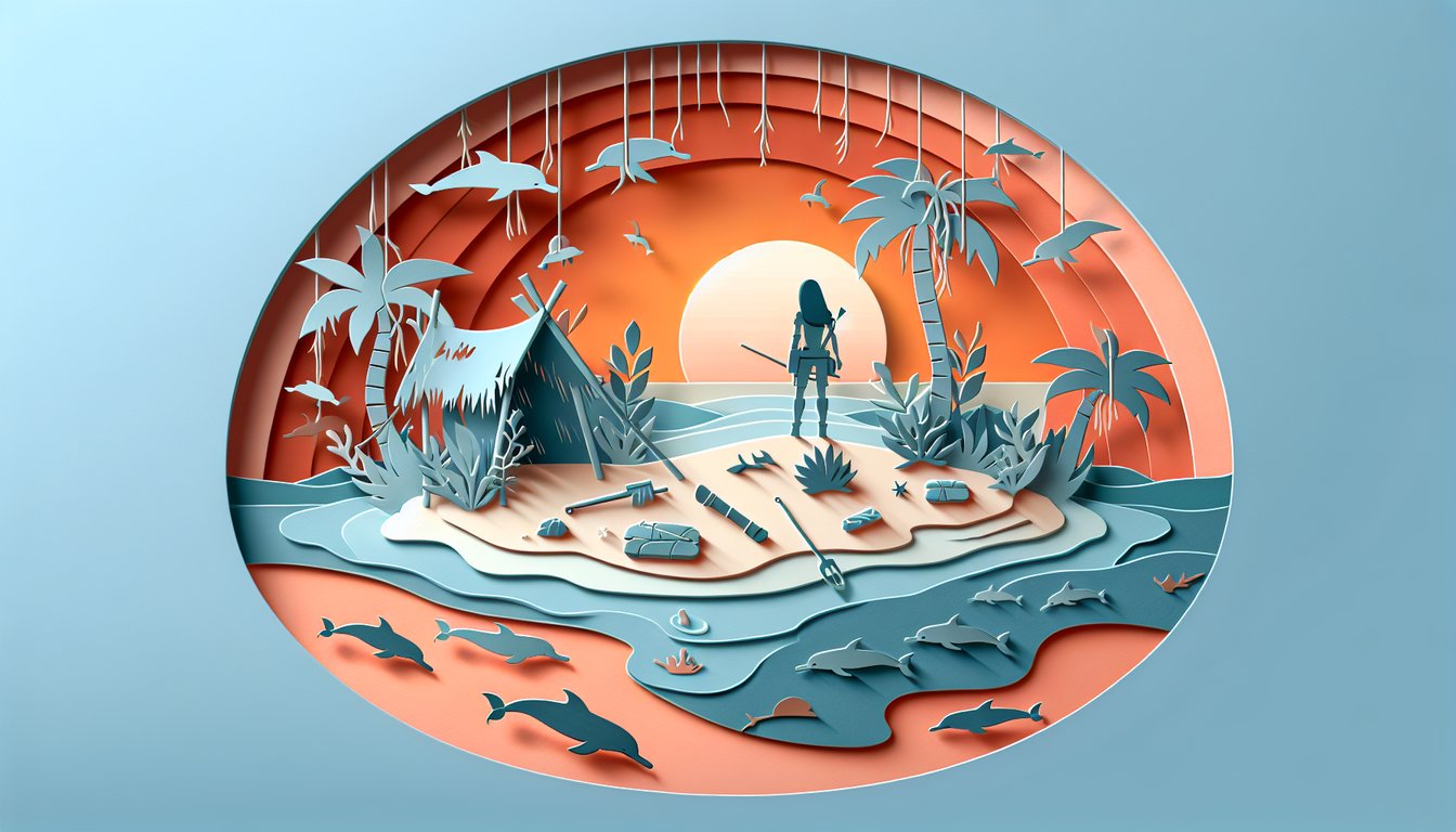 Paper art coral background island waves dolphins text Island of the Blue Dolphins quiz 40 trivia questions