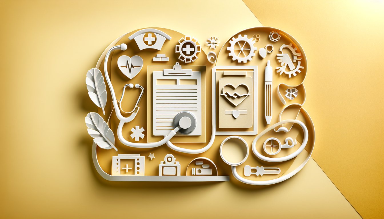 paper illustration showing nurse icons stethoscope clipboard Fundamentals of Nursing Test 2 on golden yellow background